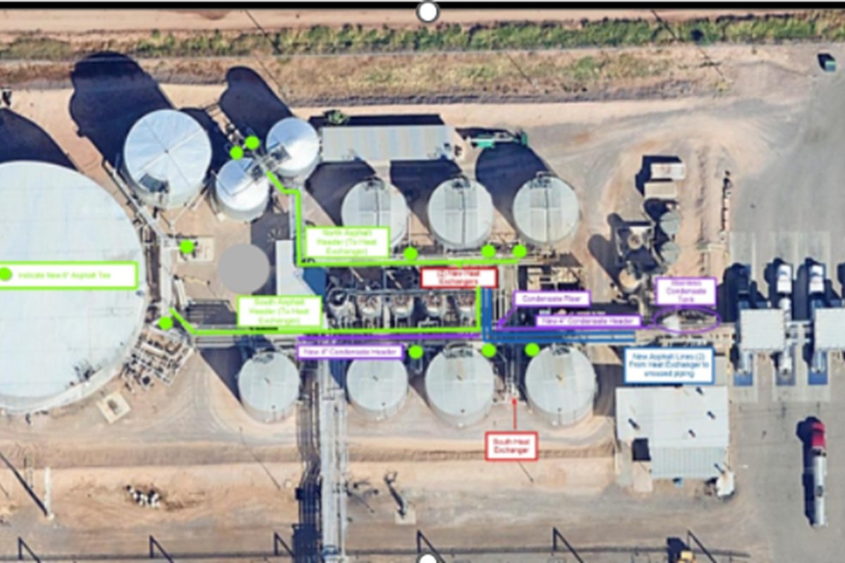 Aerial view of the HF Sinclair asphalt transfer facility in Glendale, Arizona, with engineered pipe routing marked up